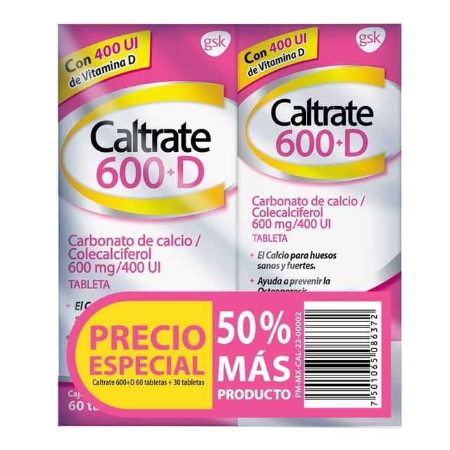 Caltrate Suplemento de Calcio 600 +D 600mg / 400 UI 2 Pack de 60 tabletas + 30 tabletas Caltrate NA