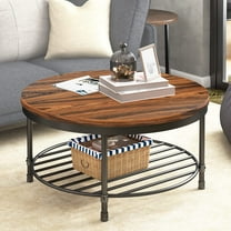 Round Coffee Table, Rustic Wood Surface Top & Sturdy Metal Legs Industrial Sofa Table for Living Room Natural End Table Modern Design Home Furniture with Storage Open Shelf(Dark Red Brown)