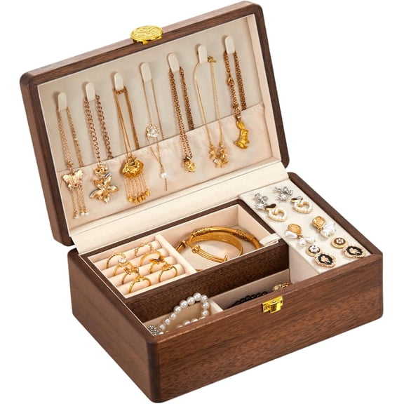 Wooden Jewelry Box For Women Jewelry Organizer Box With Lock 2 Layer Jewelry Holder Organizer For Necklace Ring Earring