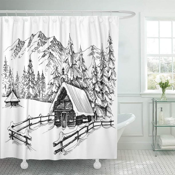 KSADK Drawn Winter Cabin in The Mountains Hand Scene Cold ...