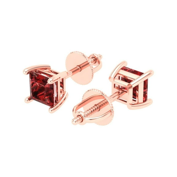 0.5 Ct Princess Cut Studs Red Natural Garnet 18K Rose Solid Solid Gold Everyday Dainty Earrings Screw Back