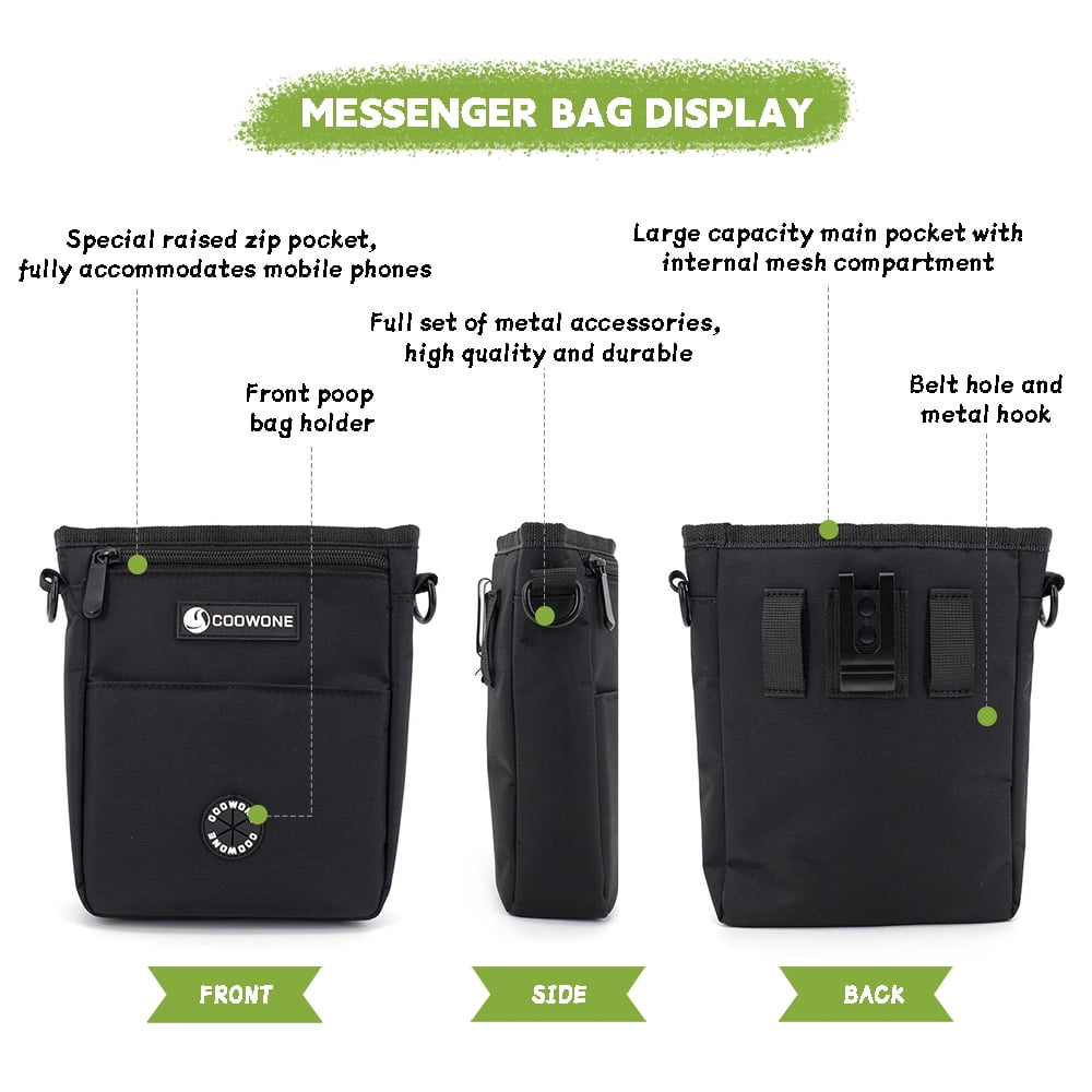 Dog Treat Pouch Pet Training Cross Body Bag, Magnetic Closure Dog Walking Fanny Pack Built-in Poop Bag Dispenser, Adjustable Shoulder Strap (Dog Leash) and Waist Belt (Dog Collar)