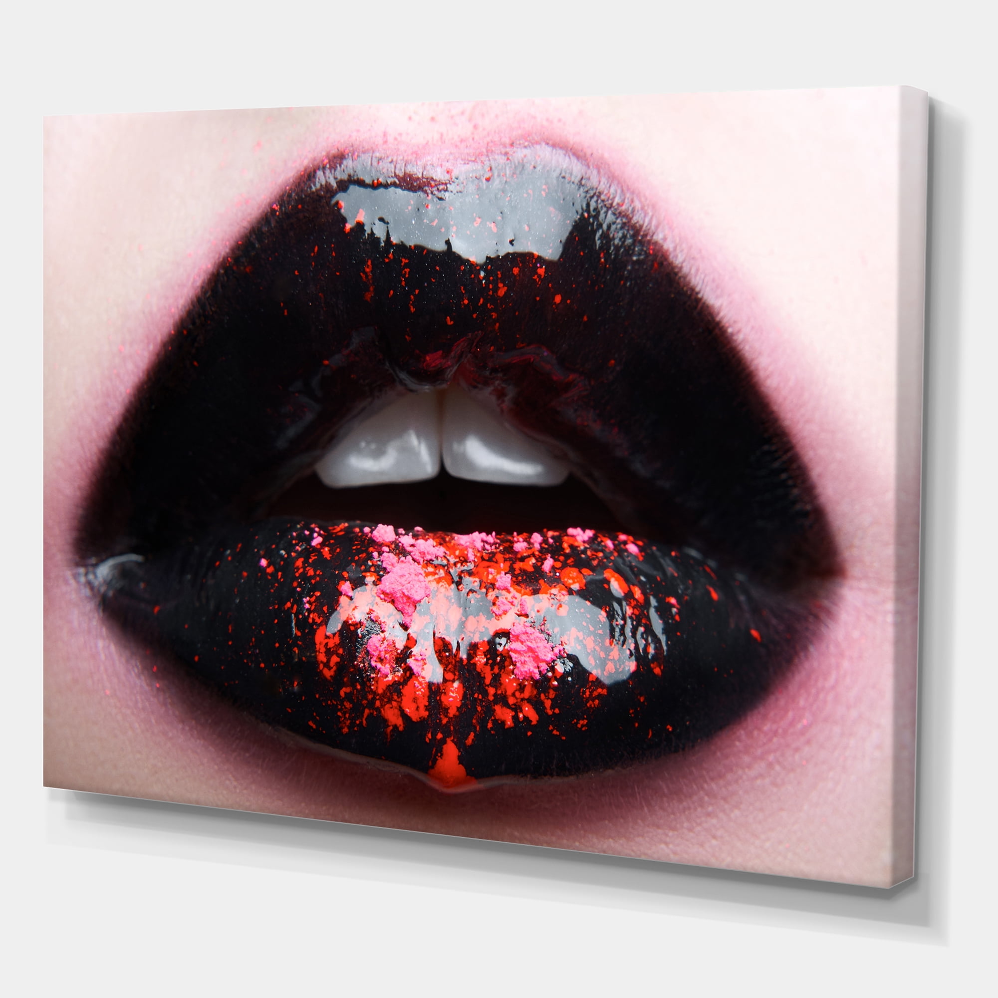 Designart ' Plump Woman Lips With Pink and Black ' Modern Canvas Wall Art Print