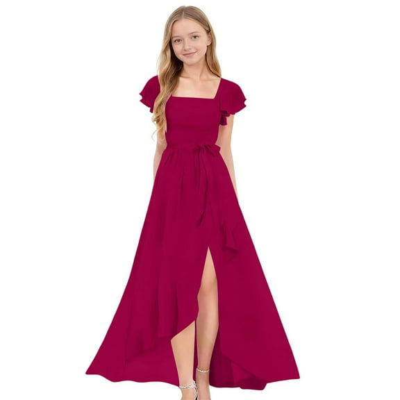 Gyujnb Solid Color Long Dress with Graceful and Elegant Waist and Wide Hem with Ruffled Edges for Girls,Size:9-10 Years