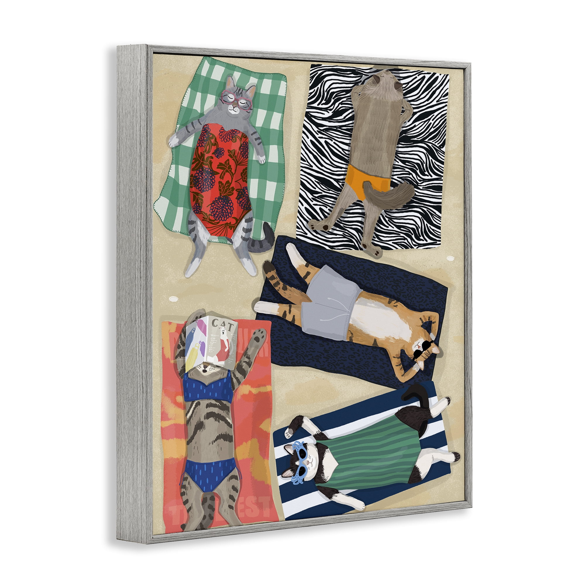 Stupell Industries Summer Sunbathing Cats Gray Framed Giclee Art, design by Hanna Melin