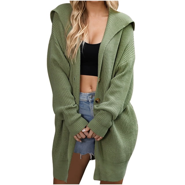 KIHOUT Womens Long Cardigans Long Sleeve Oversized Cable Knitted Open Front Chunky Hooded Outerwear Sweater Coat