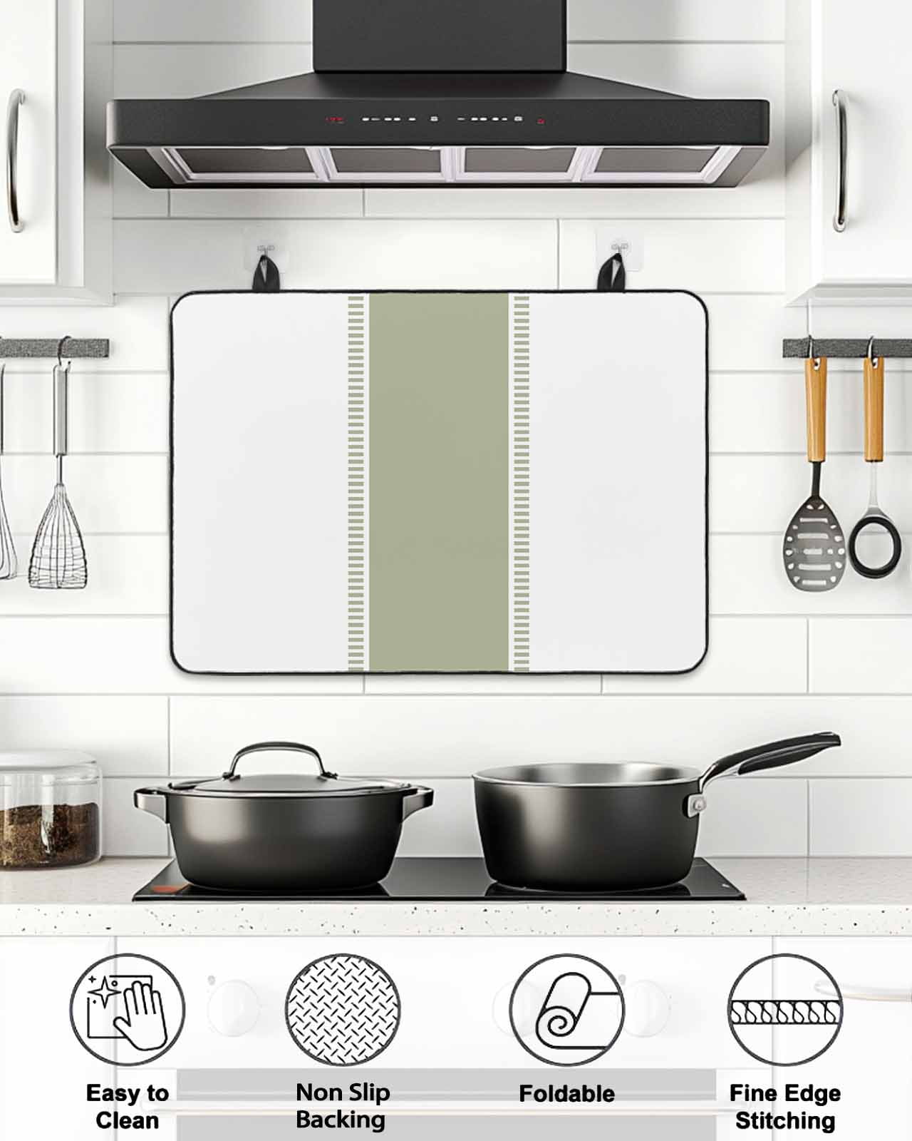 Stove Top Covers for Electric Stove, Sage Green Striped Glass Stovetop Cover Protector, Modern Geometric Abstract Art Induction Cooktop Protector Oven Mat for Kitchen Countertop 24"x21"