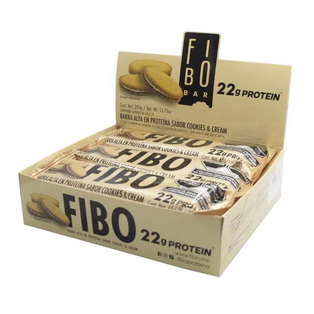 FIBO BAR | Barras con 22g de Proteína WHEY | Barras sabor Cookies and Cream, con superfoods y cubierta sabor chocolate oscuro. FIBO BAR 65g paquete con 6 piezas (Cookies and Cream)