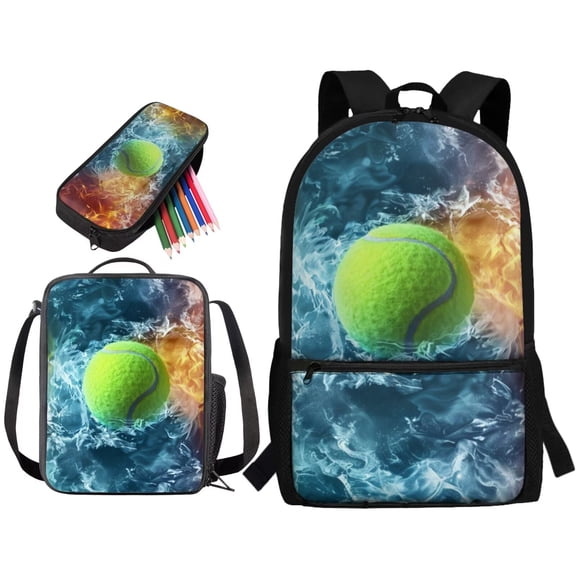 Tutolipy 3 Pcs Backpack Set for Boys, Water Fire Tennis Print Lightweight Kids School Backpack with Lunch Box Set, 17 Inch Students Bookbag Set with Pencil Pouch for Elementary Middle High School