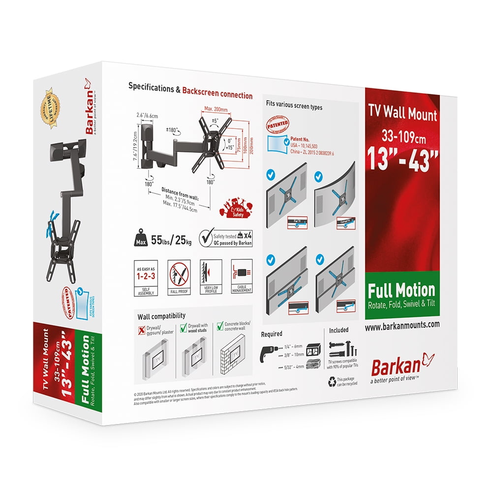 Barkan 13 - 43 inch Full Motion - 4 Movement TV Wall Mount Black Patented to Fit Various Screen Types UL Listed