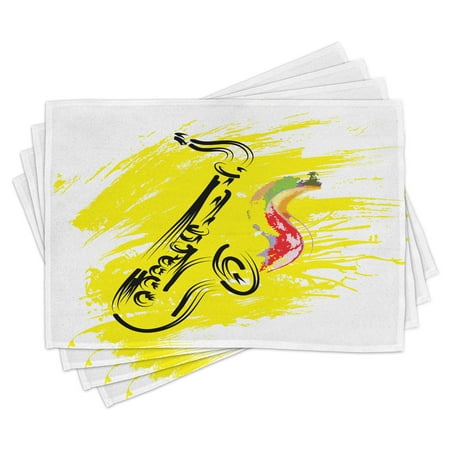 

Jazz Music Placemats Set of 4 Stylized Saxophone Color Paint Splash Background Artistic Design Illustration Washable Fabric Place Mats for Dining Room Kitchen Table Decor Yellow Black by Ambesonne