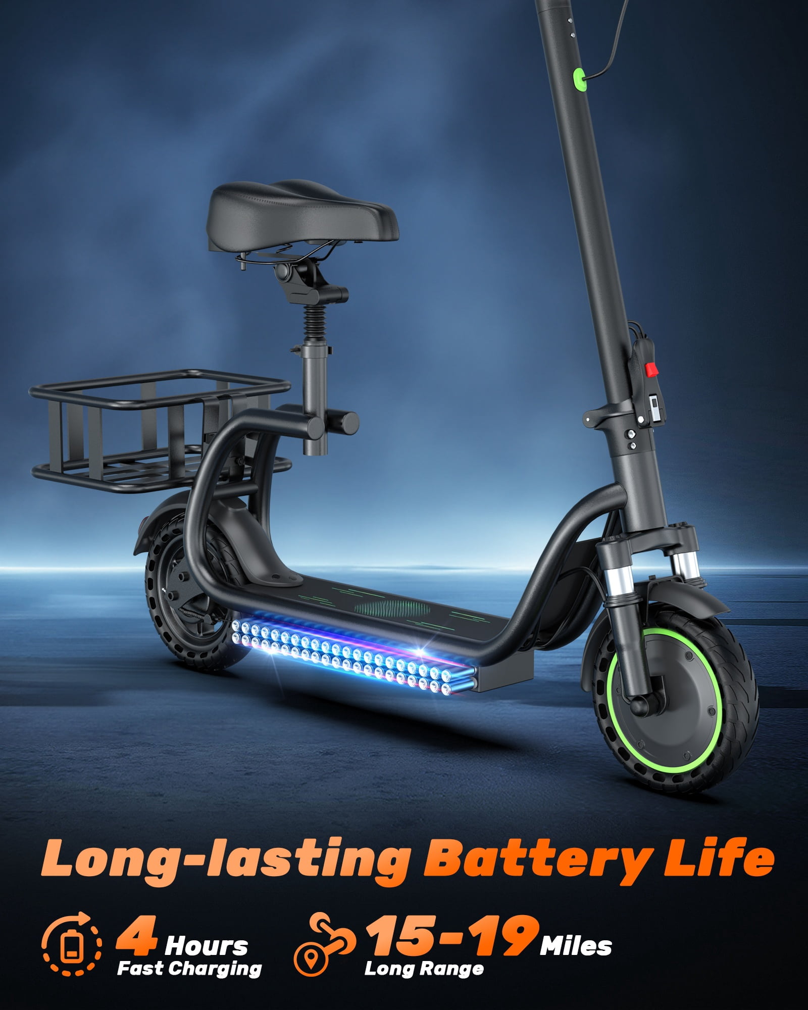 Electric Scooter with Seat for Adults, Foldable Commuter E Scooter with APP Control, Rear Basket, Front Suspension, 15 Miles Range, 19MPH, UL2272 Certified