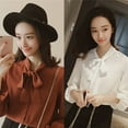 thumbnail image 4 of Women's Flounce Long Sleeve Blouse Tie Knot Front Button Down Top Shirt Basic Solid Tie Neck Shirt Work Office Daily Wear, 4 of 8