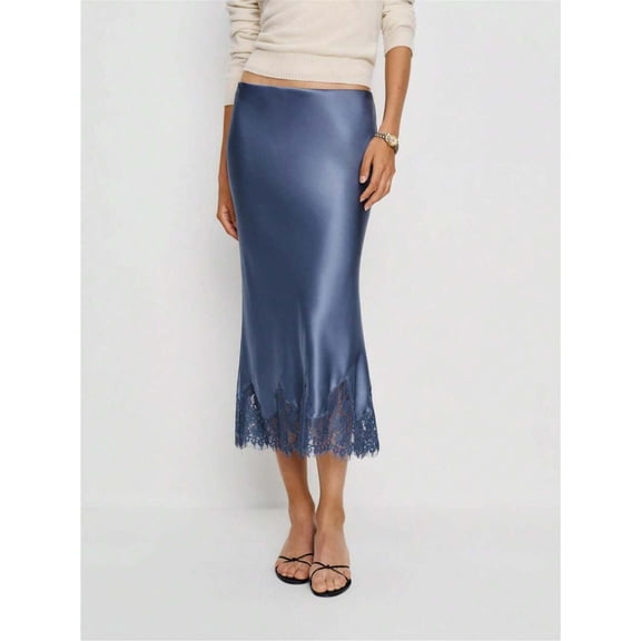 Blue Satin Lace-Trimmed Midi Pencil Skirt High Waist Slim Fit