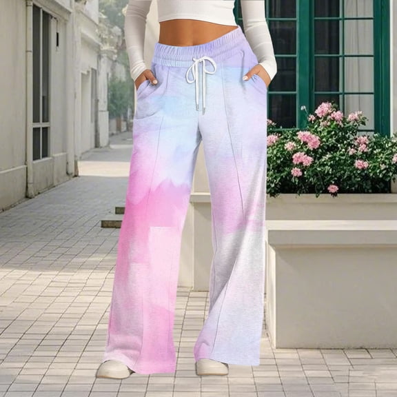 Endives Womens Sports Pants Tie Dye Printed Wide Leg Jogging Pants Drawstring Elastic High Waist Pants With Pocket