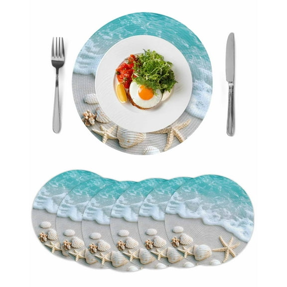 Round Woven Placemats set of 6, Summer Coastal Washable&Heat Resistant Plastic Wipeable Placemats for Round Table Ocean Starfish Beach Shell Kitchen Dining Table Decor, 15in, Blue White