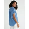 Time and Tru Women's Button Down Camp Shirt with Roll Cuff Sleeves