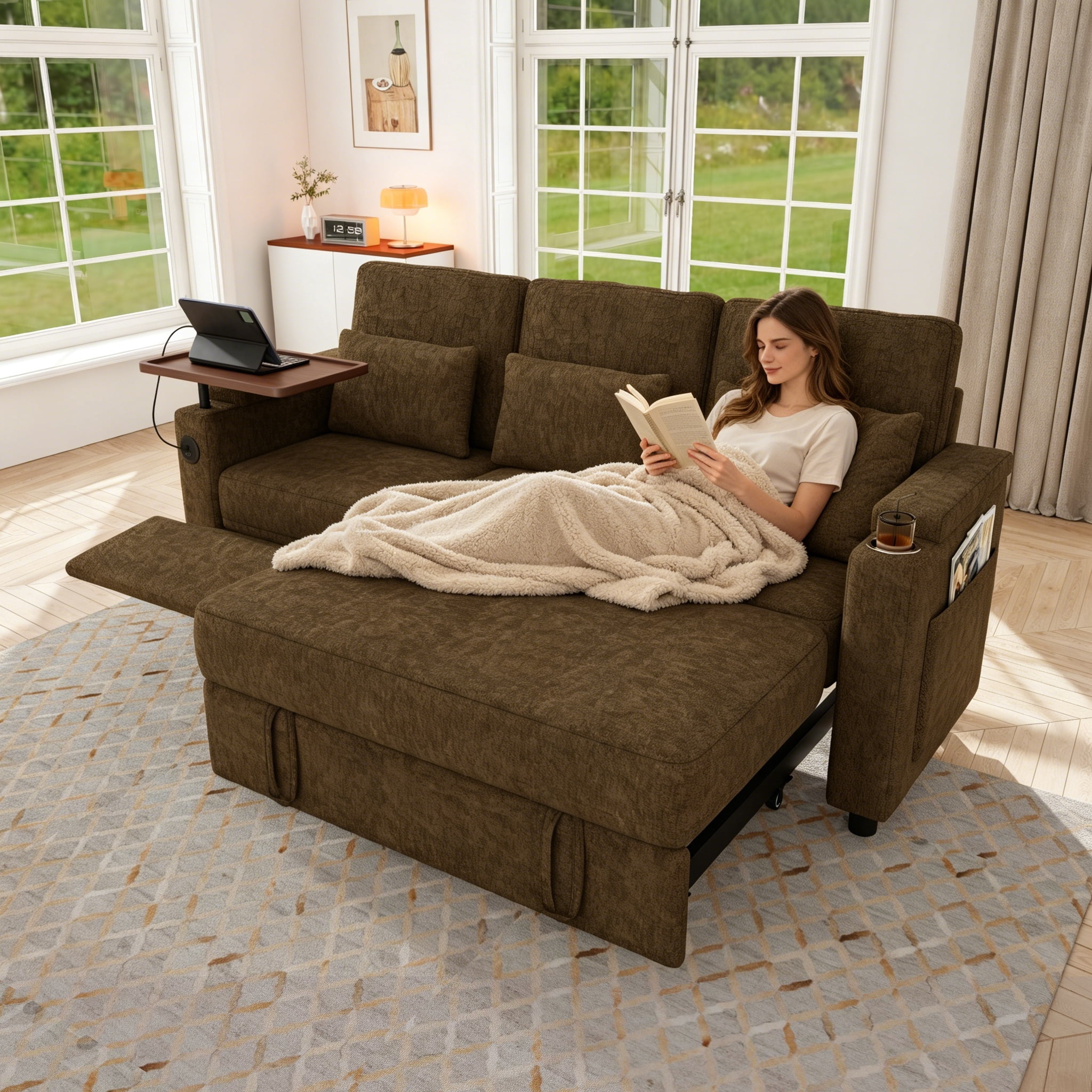 avobird 83" L Shaped Convertible Sofa Bed with Pull Out Couches, Adjustable Backrest and Seating, 3 in 1 Sleeper Sectional Sofa, Modern Chenille Sofa for Living Room, Khaki
