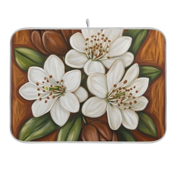 Jasmine Flowers and Leaf Dish Drying Mat 16x18 Absorbent Microfiber Draining Rack Pad for Kitchen Counter Sink