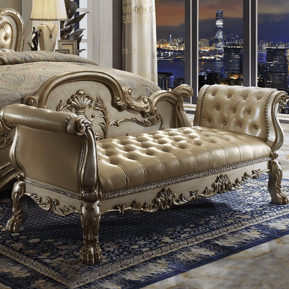 ACME Dresden Bench in Bone Synthetic Leather & Gold Patina