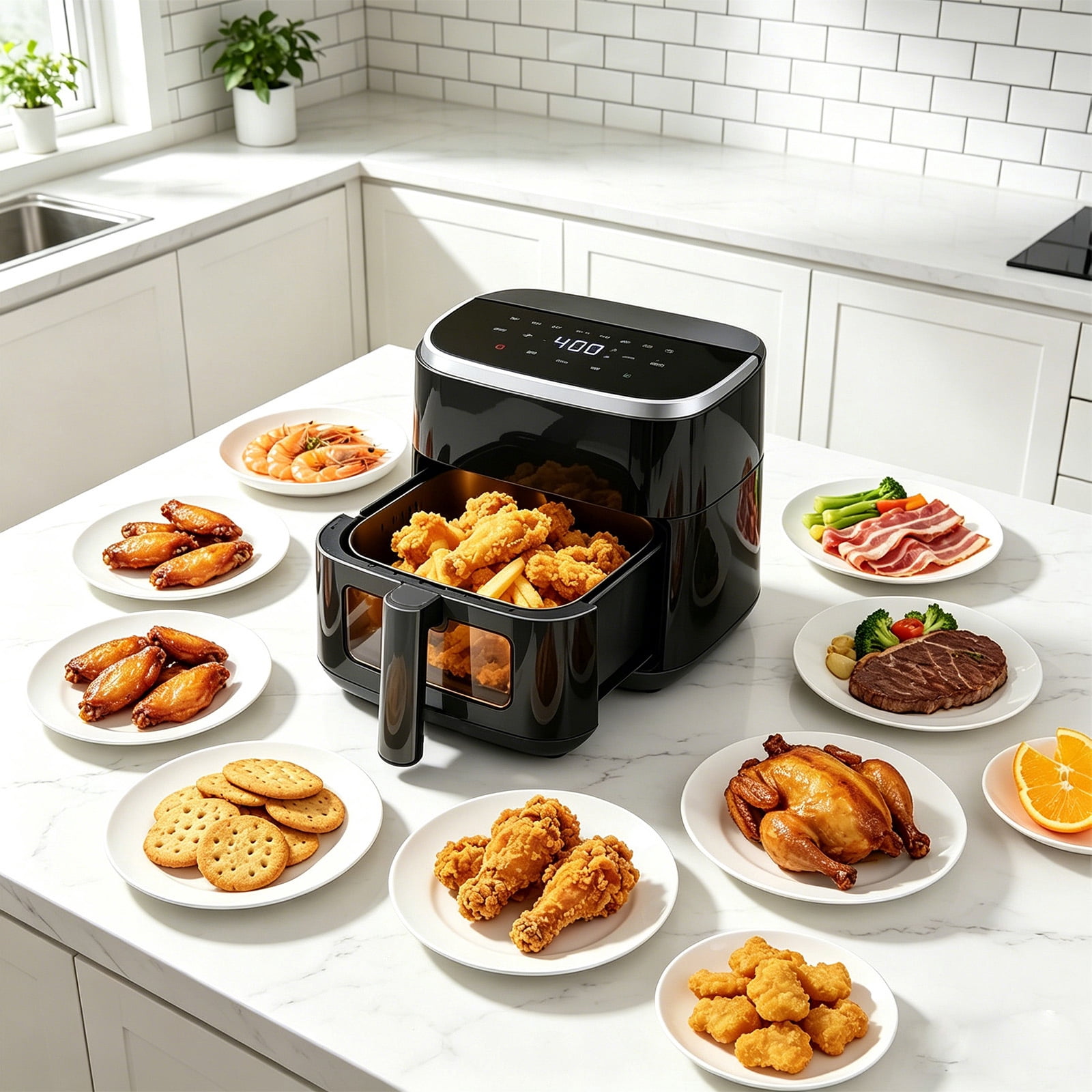 Casabay 4 QT Air Fryer with Viewing Window, 1500W 8-in-1 Electric Hot Air Fryer Oven, Digital Display, Compact Multi-Functional Cooker for Home Kitchen, Black