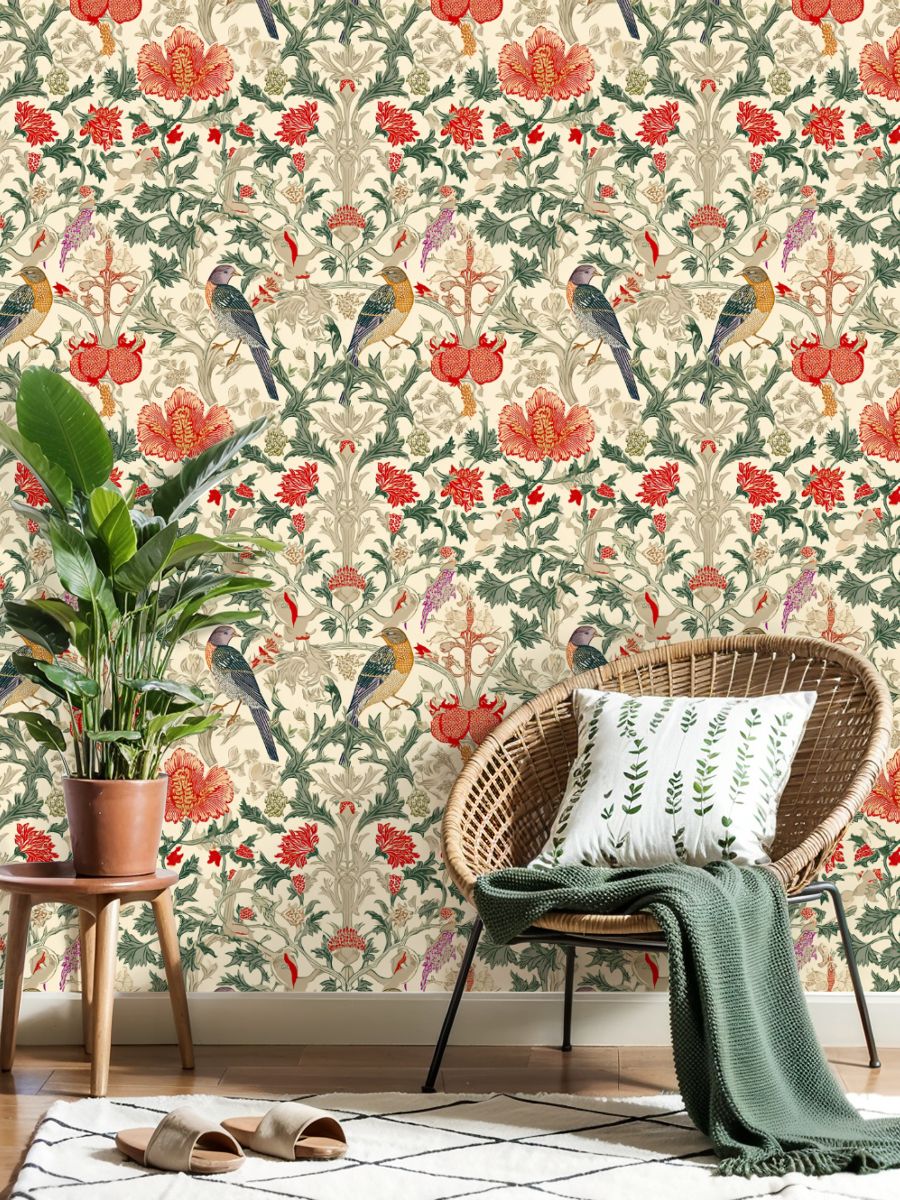 Farmhouse Peel and Stick Wallpaper Vintage Botanical Birds Red Flowers Arts Crafts Wall Mural 23.6in x 9.8ft Self Adhesive Removable Wall Paper Renter Friendly Wallpaper for Bedroom Cabinets