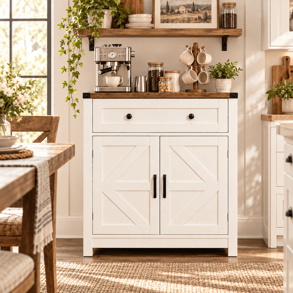 Syngar 31" Farmhouse Sideboard Buffet Cabinet with Drawer & Barn-Style Doors, White and Oak Kitchen Storage Cabinet, Coffee Bar Cabinet for Dining Room, Living Room & Entryway