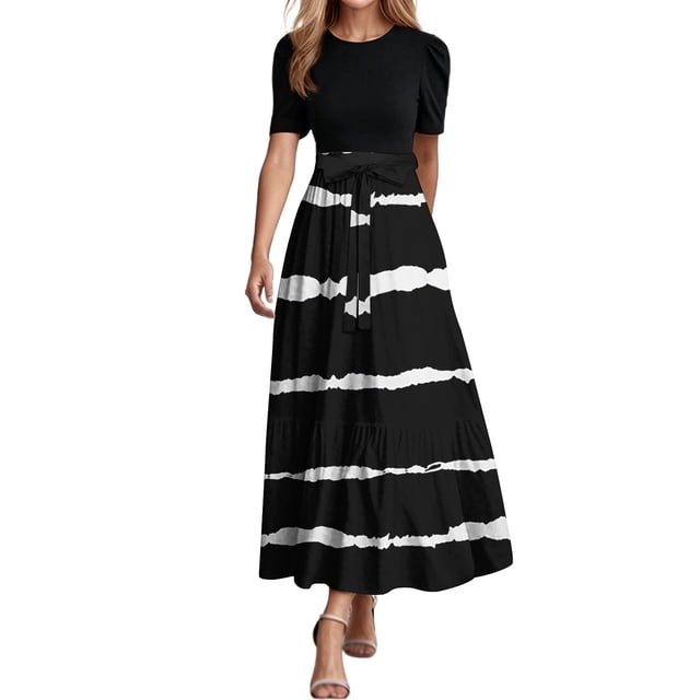 Summer Dresses For Women 2025 Floral Print Wrap Short Sleeve Maxi Dress Patchwork Ruffle Hem A Line Dress
