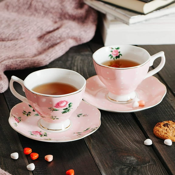 BTaT- Floral Tea Cups and Saucers Set of 8 (8 oz), Porcelain Tea Cup Sets, Assorted Colors with Gold Trim & Gift Box, Dishwasher Safe