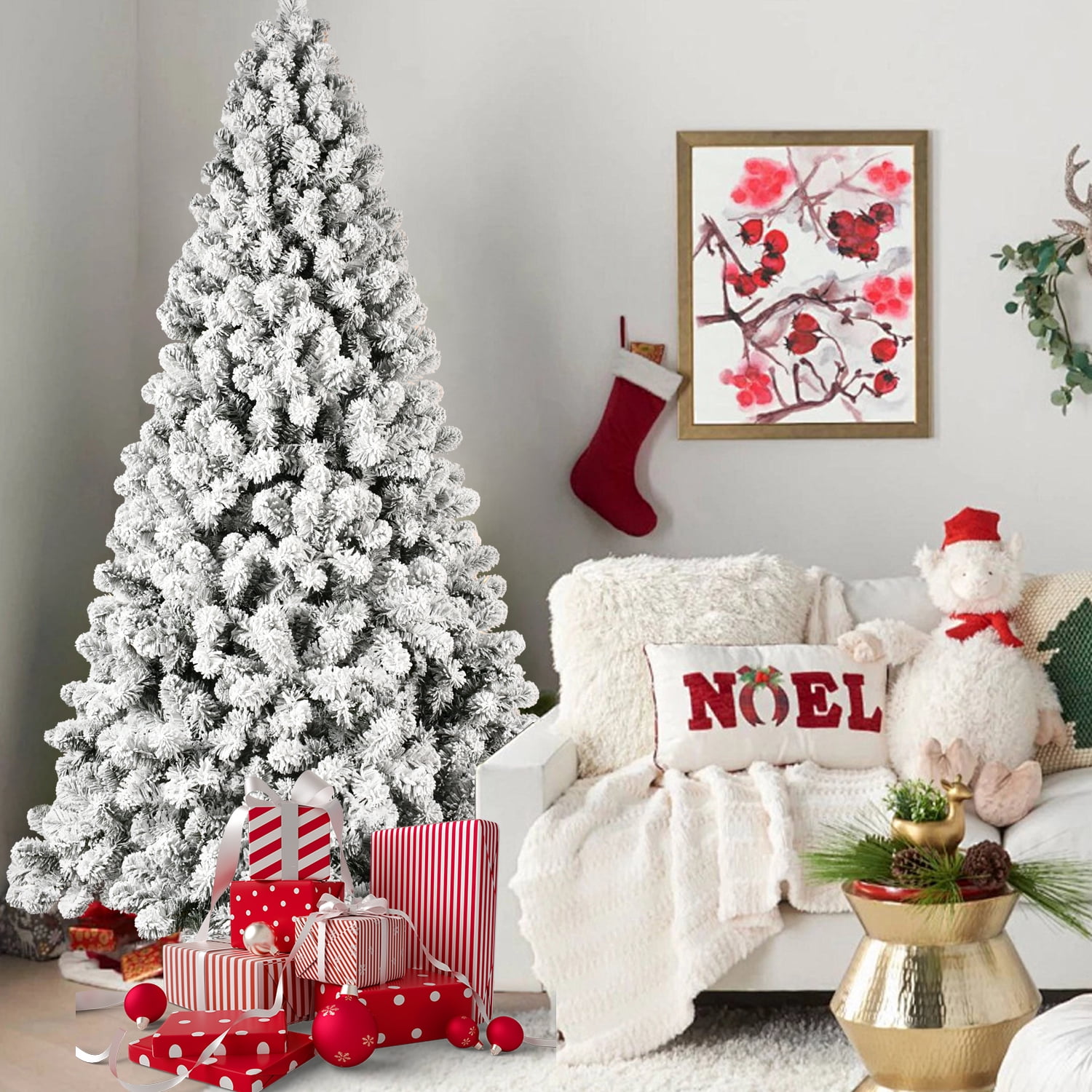Euroco 8ft Flocked Pre-Lit Christmas Tree with 500 UL Warm White Lights, 1460 PVC Tips, Auto-Unfold Memory Wire, Easy Assembly & Stable Metal Stand – Snowy Holiday Decor