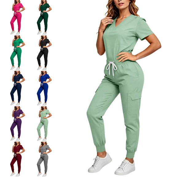 MLCDZ Scrubs for Women Scrub Sets V Neck Short Sleeves Slim Scrubs Stretch Top and Jogger Scrub Elastic Cuffs Pants with Multiple Pocket Nursing Uniform Set