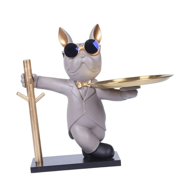 GUOOL Cute Dog Statue Storage Tray Key Holder Fruit Tray Resin Figurine Sculpture Desk Gray