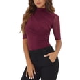 thumbnail image 4 of INSPIRE CHIC Women's Mock Neck T-Shirts Stretch Elbow-Length Sheer Mesh Ruched Tops XL Burgundy, 4 of 5