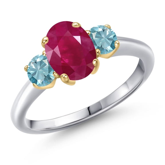 Gem Stone King 925 Silver and 10K Yellow Gold Red Ruby and Blue Zircon Engagement Ring for Women | 2.60 Cttw | Oval 8X6MM | Gemstone July Birthstone | Size 6
