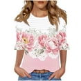 thumbnail image 2 of HOMBOM Pink Women Shirts Crew Neck Half Sleeve Pullover Fashion Flowers Ruffle Sleeve Front Pleated Shirt, 2 of 6