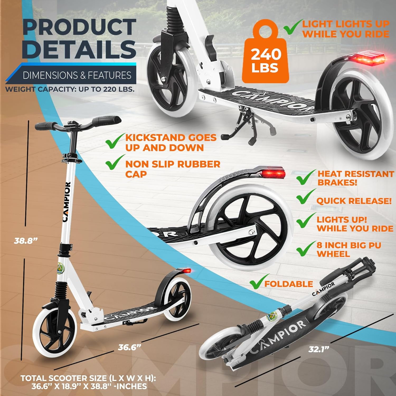 Campior Kick Scooter for Ages 6+, For Kids, Teens, and Adults, Max Load 240 LBS, Foldable, 8-inch Big Wheels for Kids and Adults, With Kickstand, 3 Adjustable Levels, Child Safety Approved, White