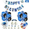 SHIYAO Outer Space Birthday Party Astronaut Rocket Ship Foil Balloons Galaxy/Solar System Theme Party Boy Kids Pre-Strung Happy Birthday Banner Hanging Swirls Decor