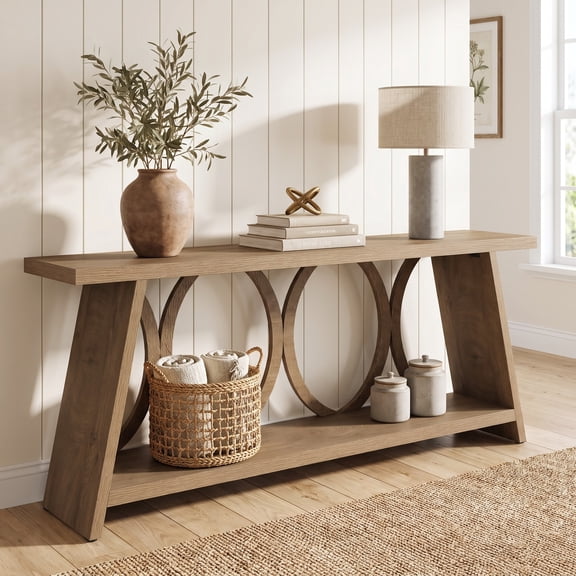 Fnova 70.87-Inch Extra-Long Console Table, Circular-Cutout Frame, 2-Tier Open-Storage Design, Entryway Sofa Back Table for Living Room, Foyer, Hallway