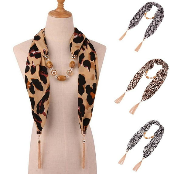 Women Snake Leopard Print Beads Tassel Pendant Necklace Scarf Chiffon Shawl