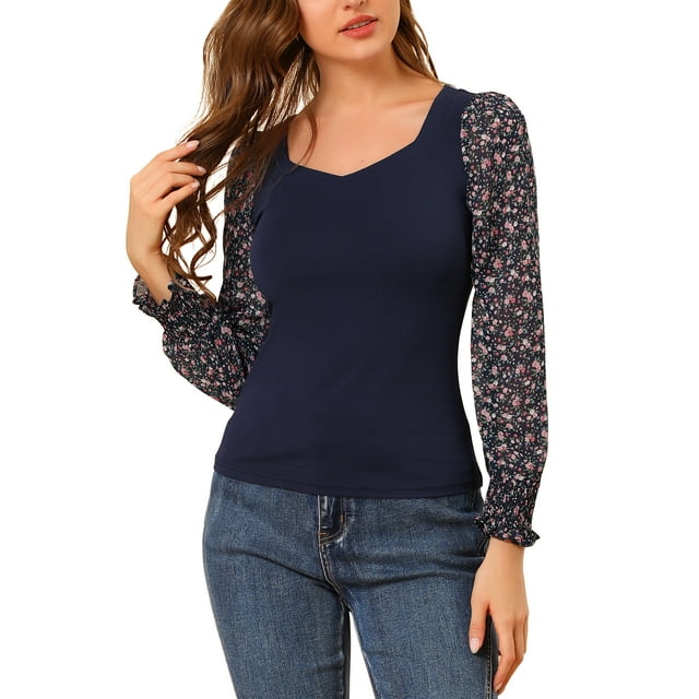 Unique Bargains Hauts Junior à Manches Longues en Chiffon à Col Cœur Floral