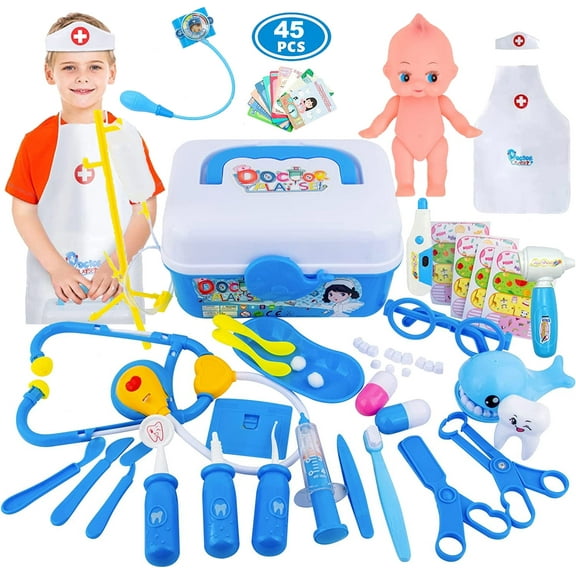 NimJoy Kids Doctor Kit Preshool Toy for Boys 3-6 Year Girls Birthday Christmas Present, 45PCS Blue Durable Toy Stethoscope & Braces Dental Medical Kits Pretend Play Dentist Set Gifts to Toddler