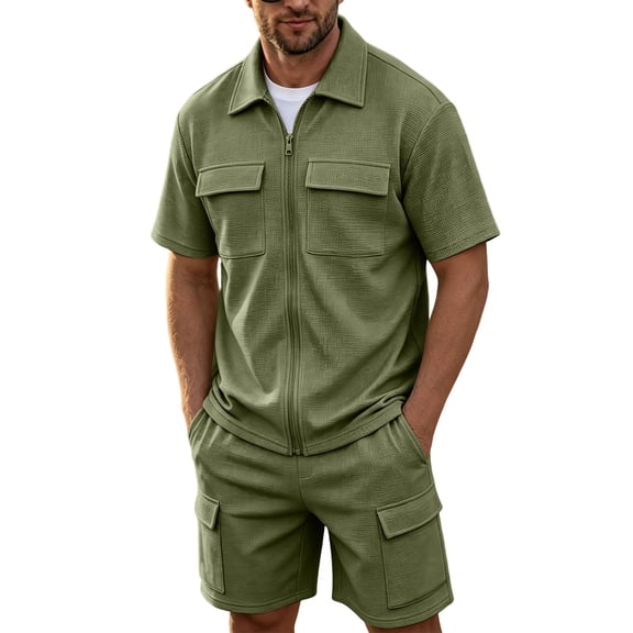 Summer Outfit Sets for Men Textured Zip-Up Shirt & Cargo Shorts Loose Matching Set Vintage Casual 2 PC Set Olive Green S