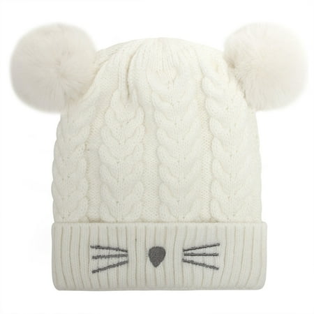 

Baby Winter Warm Cat Embroidery Knitted Woolen Ball Hat Cotton Lining Hat