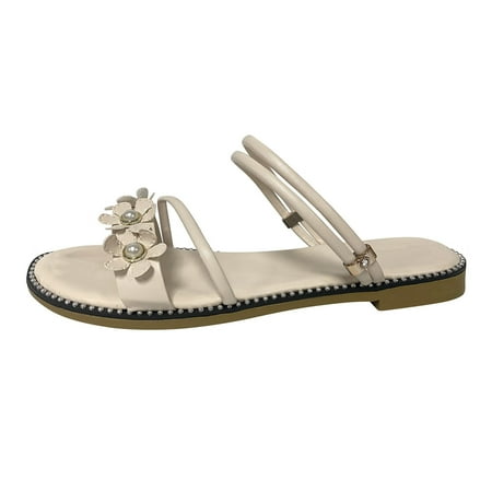 

Mortilo Ladies Shoes Summer Boho Sandals Fashion Pearl Flower Sandals Flat Casual Open Toe Sandals PU sandals for Women Beige