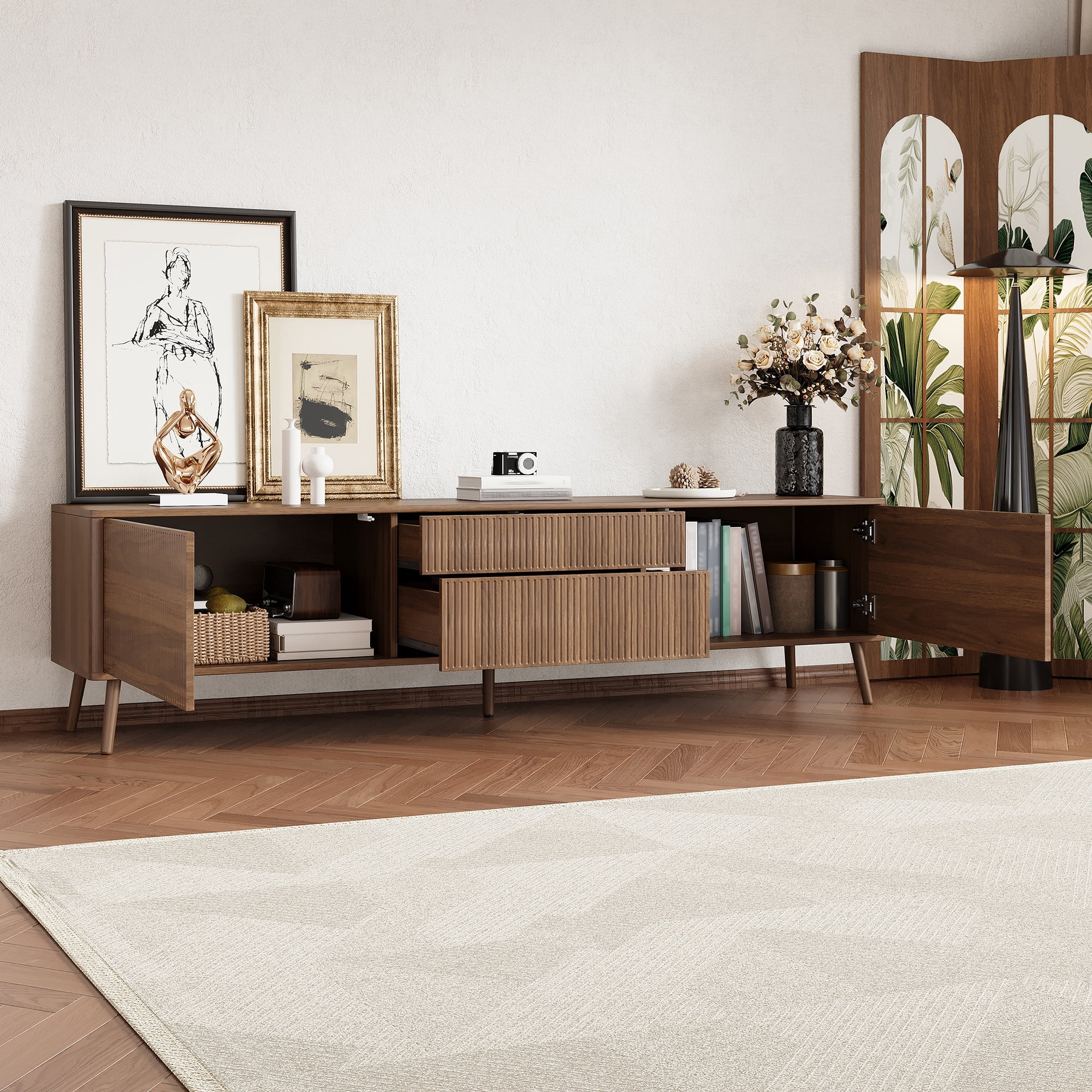 TV Stand for TVs up to 80 Inch, Entertainment Center with Fluted Doors & 2 Drawers, Media Console with Solid Wood Legs for Living Room