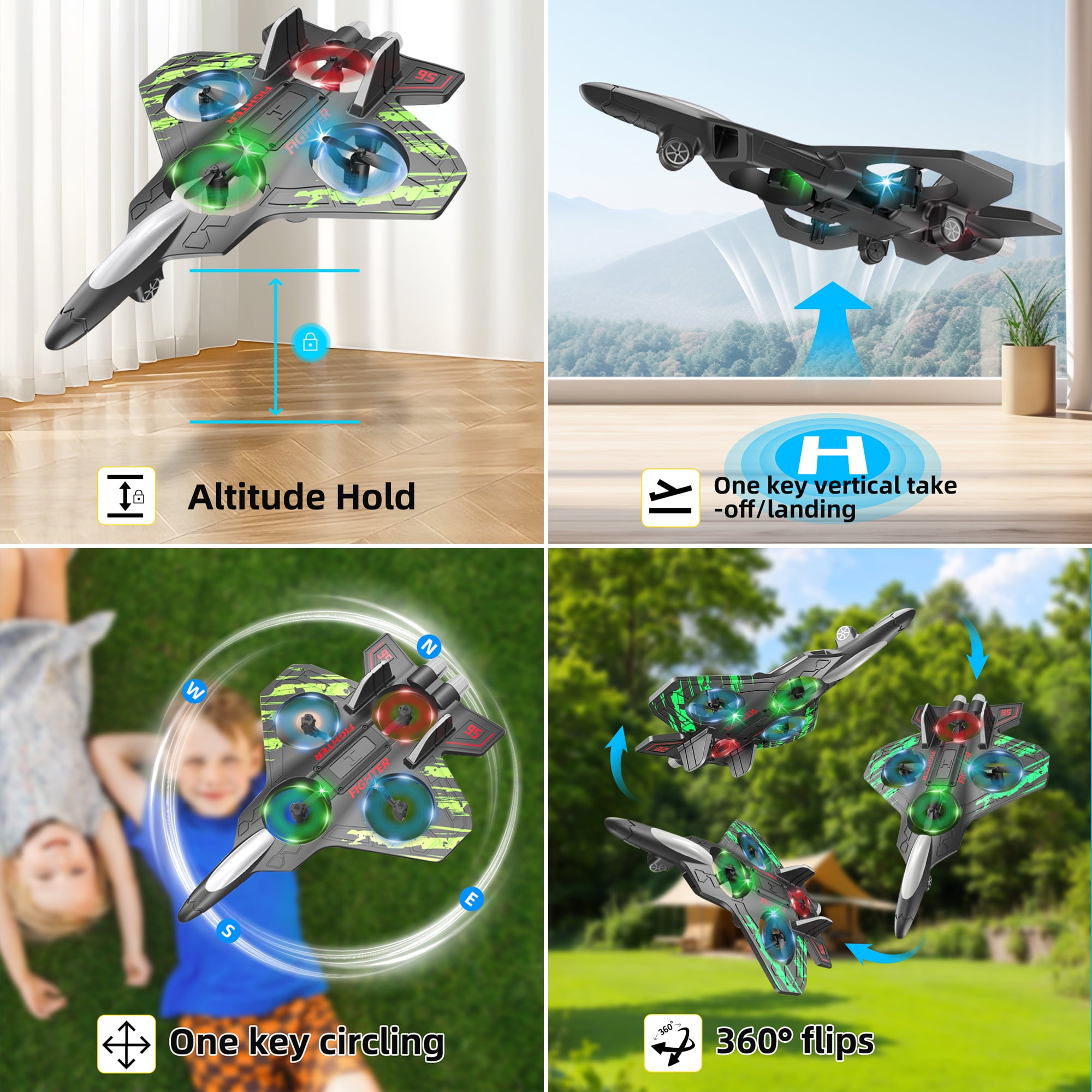 RC Plane Radio Control Helicopter 2.4GHZ Remote Control Airplane 360°Flip Jet Fighter with LED Lights Foam RC Airplanes Helicopter Toy for Kids, Spinning Drone