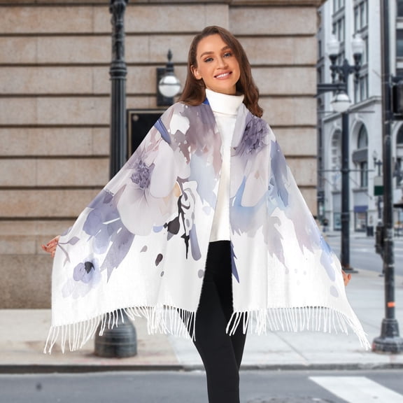 Blue Bird Flowers Winter Scarf for Women Fashion Warm Long Soft Blanket Scarves Gifts