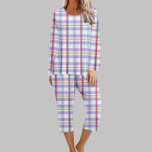 Puntoco Conjunto de capris de manga larga a cuadros con cuello redondo de dos piezas para mujer Puntoco Puntoco-749