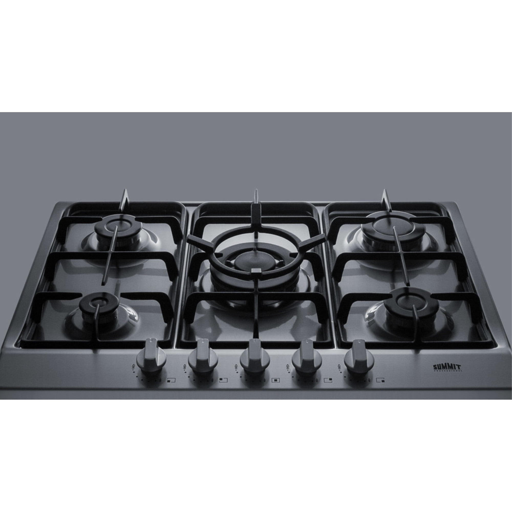 5-burner gas cooktop made in Italy in a stainless steel finish with sealed burners, cast iron grates, and wok stand; fits standard 24" wide cutouts