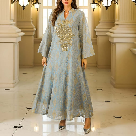 BLTIBY Women's Embroidered Sequin Full Cover Muslim Abayas Islamic Dubai Kaftan V Neck Robe Elegant Loose Long Sleeve Maxi Dress Blue XXL